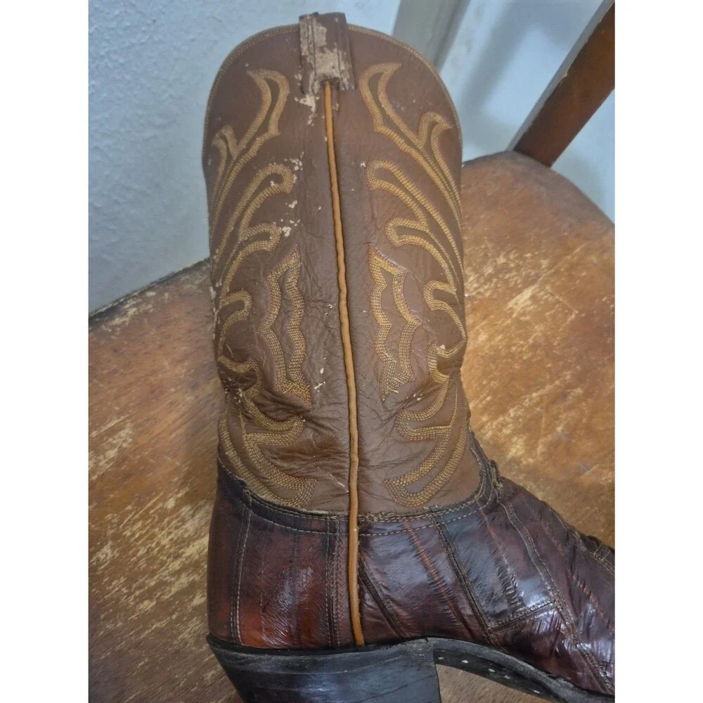 Vintage Tony Lama 8268 Men’s 13 Eel Skin Cowboy Boots Size 8.5D Black Label USA